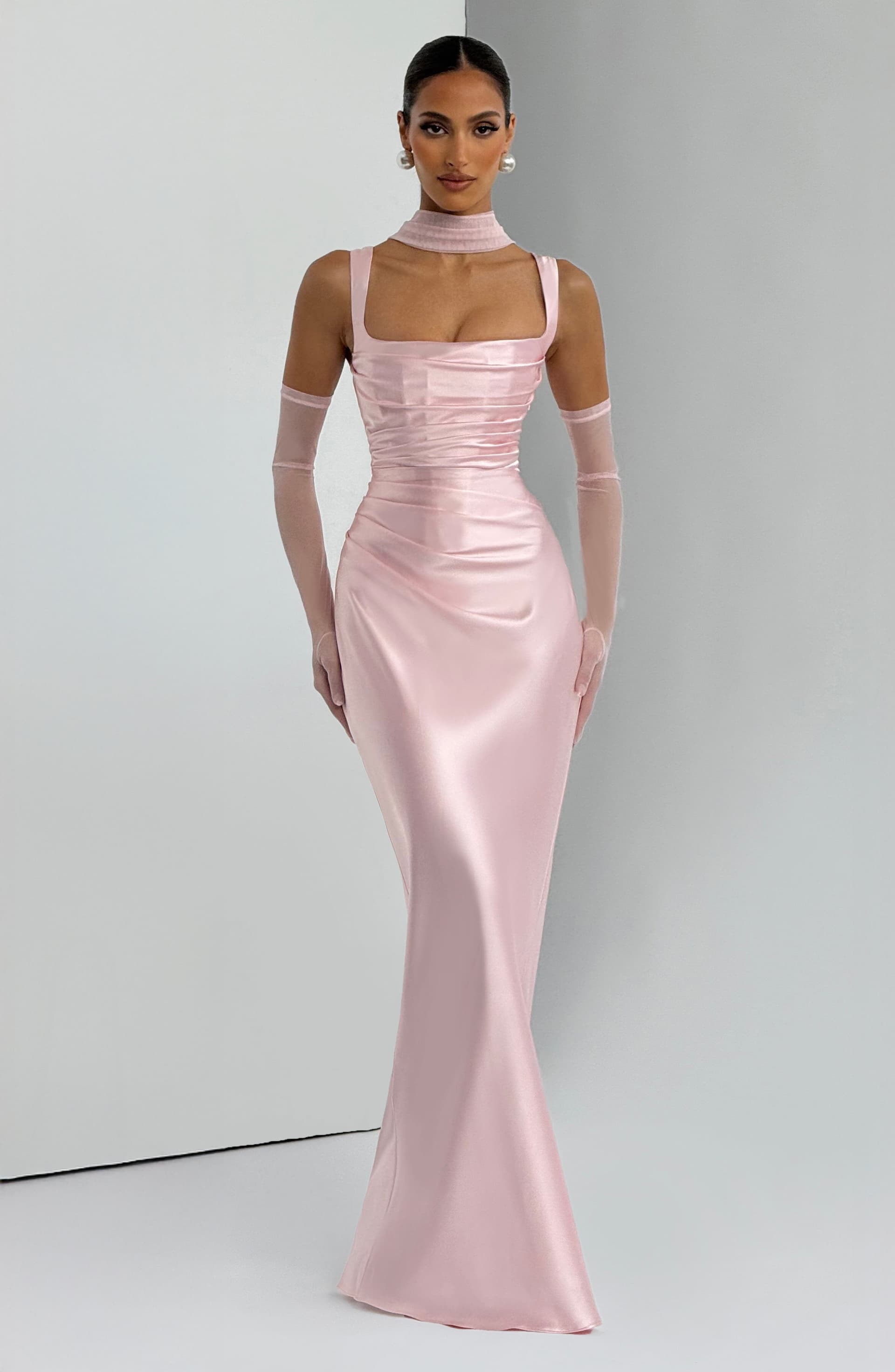 Calanthe Maxi Dress - Blush Satin Square Neckline Lace-Up Back