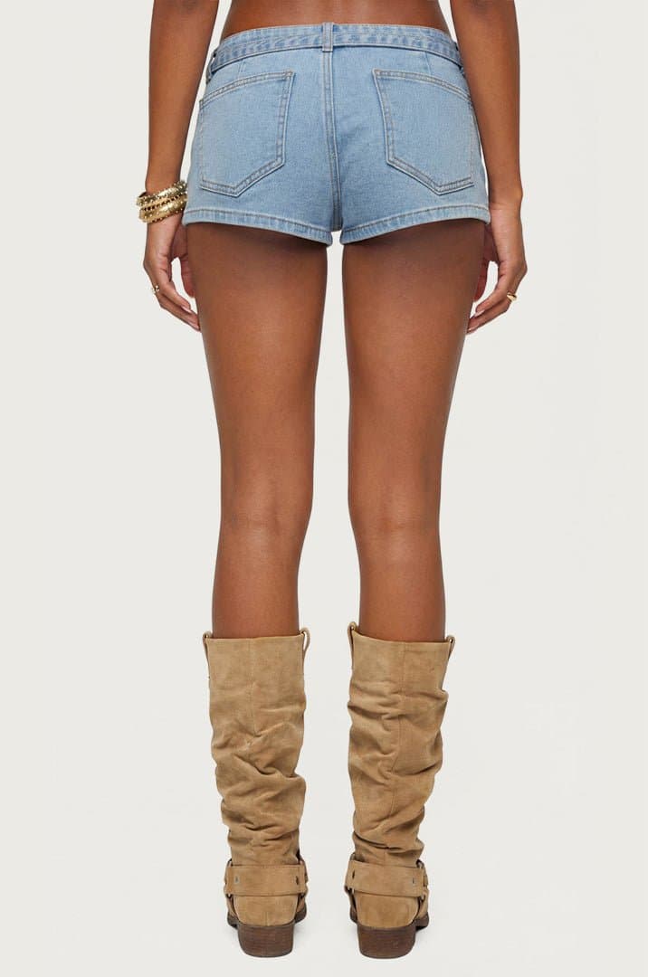 Ciel Low Rise Denim Micro Shorts - Cotton Polyester Spandex with Belt Detail
