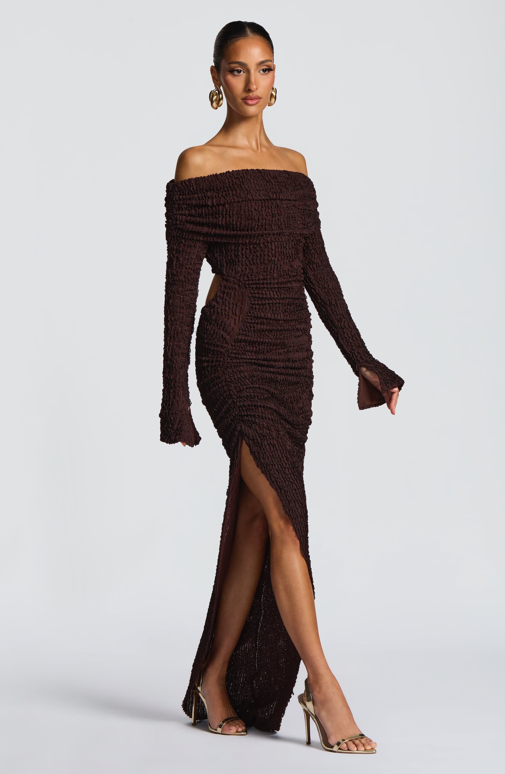 Adelphia Midi Dress Plum Brown Bardot Neckline Long Sleeve Asymmetric Skirt