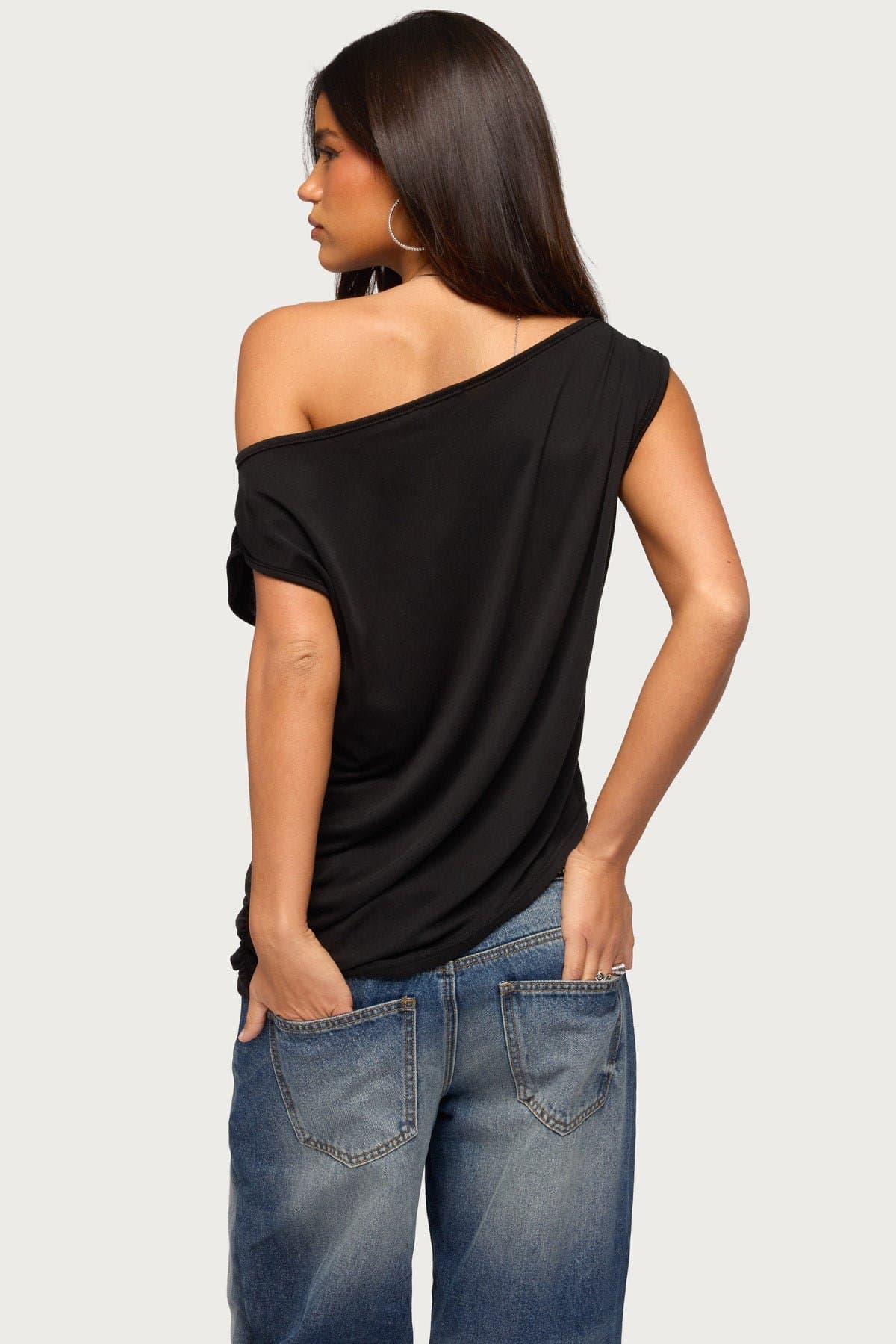 Ofelia Asymmetric Off Shoulder Ruched Top in Rayon Polyester