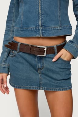 Double Look Faux Leather Belt - Polyurethane with Silver Tone Metal, 43.7 Inch Length