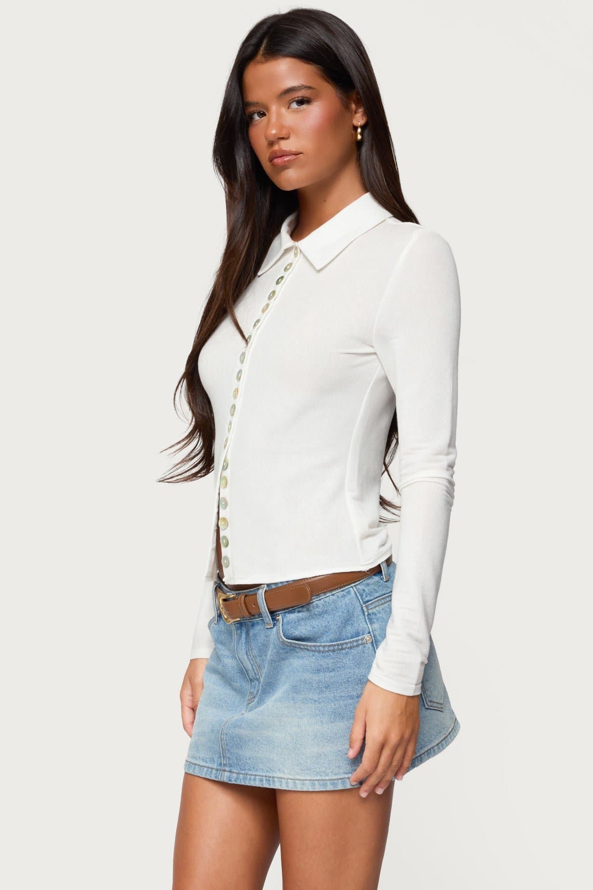 Pennie Iridescent Button Up Shirt - Fitted Long Sleeve Rayon Spandex