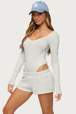 Jonah Long Sleeve V Neck Bodysuit with Center Ruching Rayon Spandex