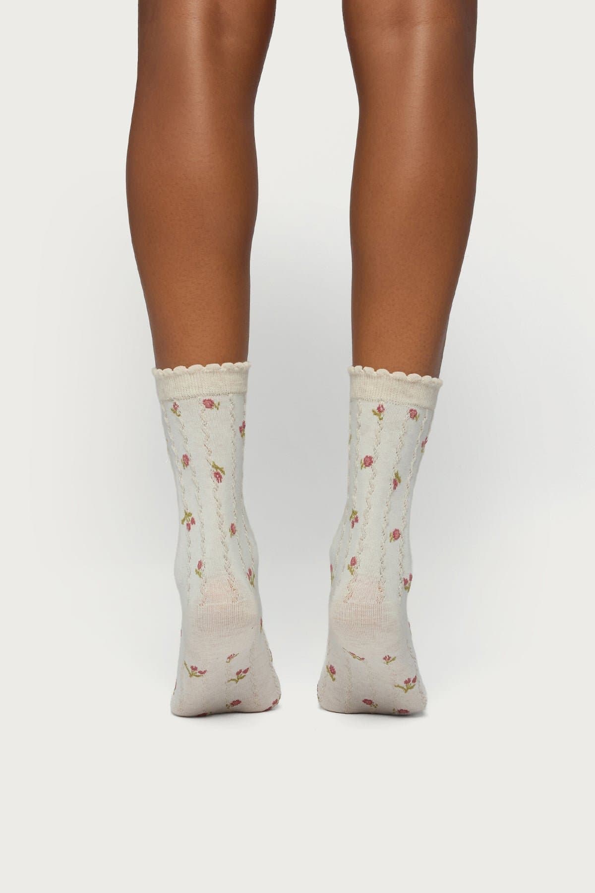 Embroidered Rose Socks with Frill Trim - Cotton Nylon Spandex Blend 11.4in Length