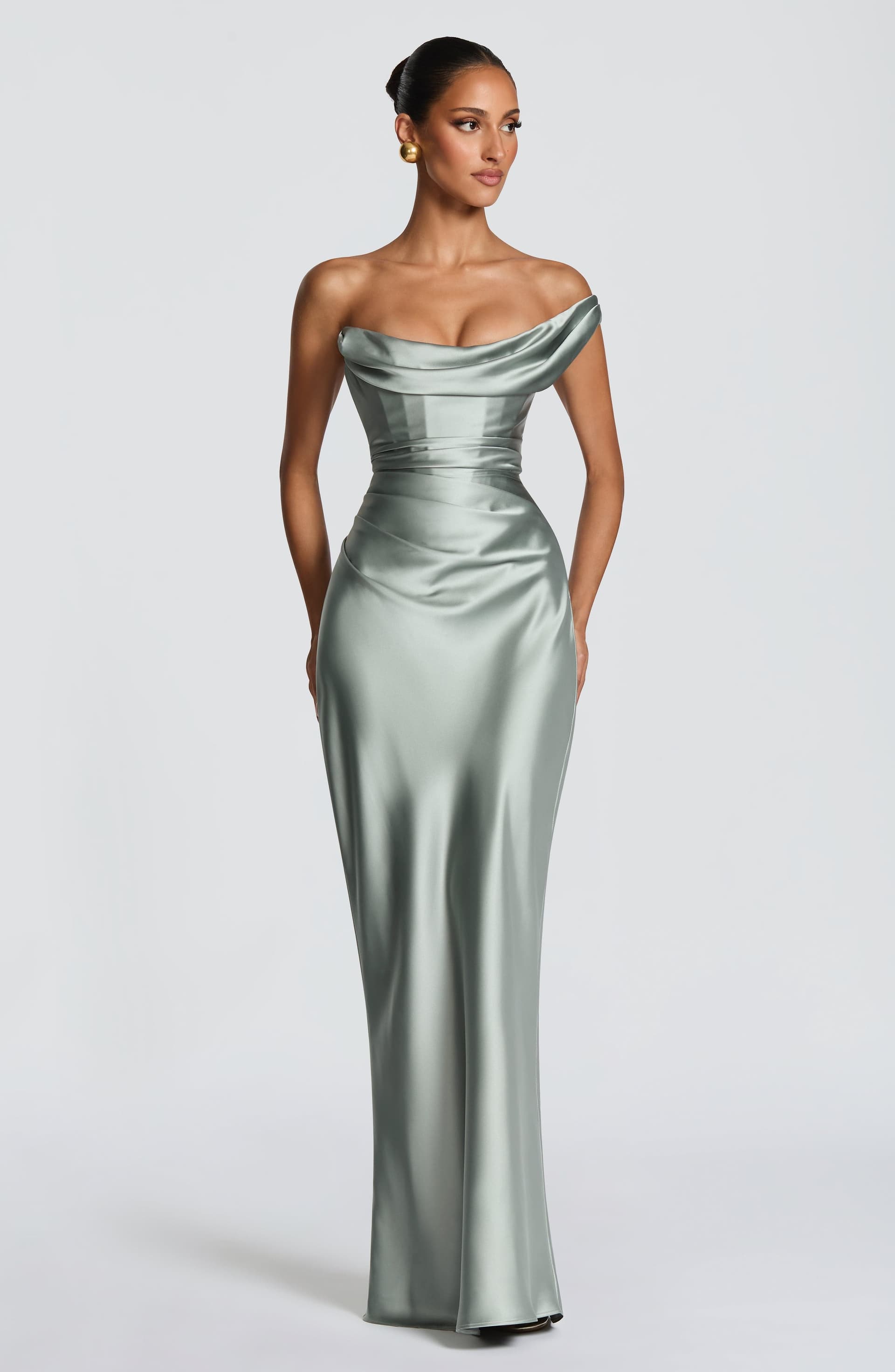 Thalassa Maxi Dress - Sage Green Satin One-Shoulder Pleated Bodice