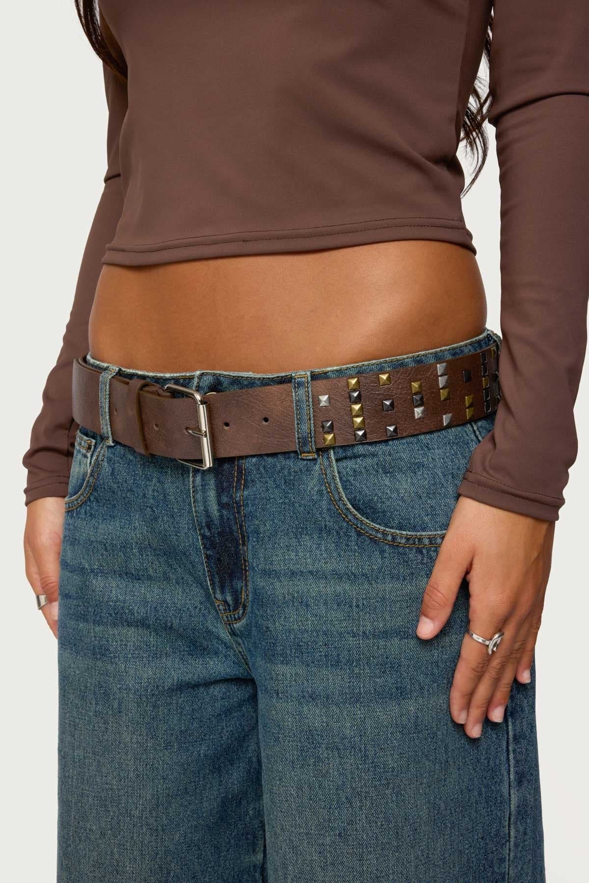 Studded Mixed Tone Metal Belt Polyurethane Length 43.7 Inches