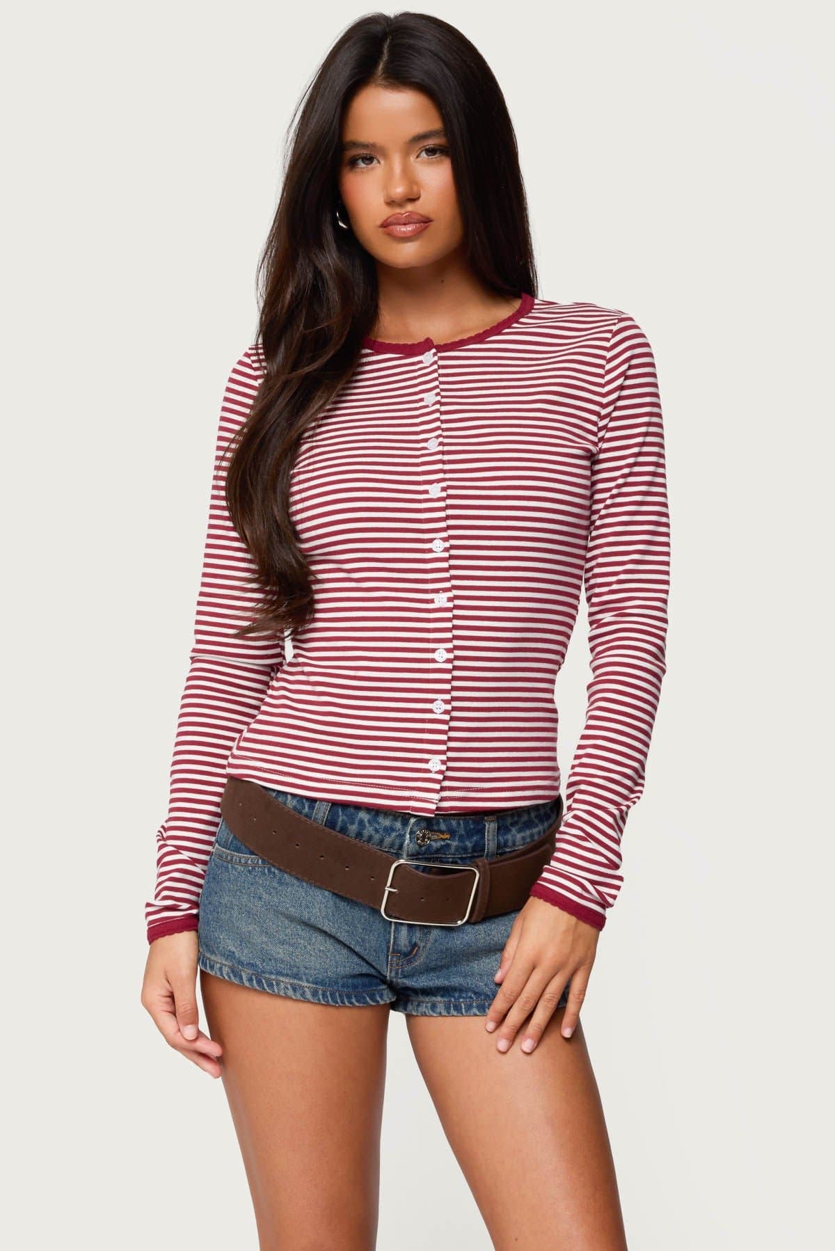 Rayla Striped Button Up Long Sleeve Top - Cotton Spandex with Contrast Trim
