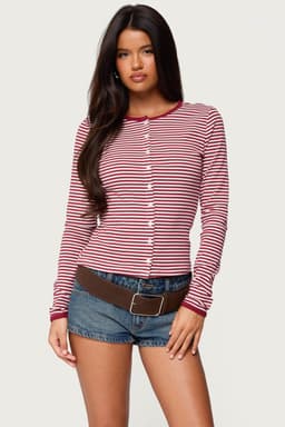 Rayla Striped Button Up Long Sleeve Top - Cotton Spandex with Contrast Trim
