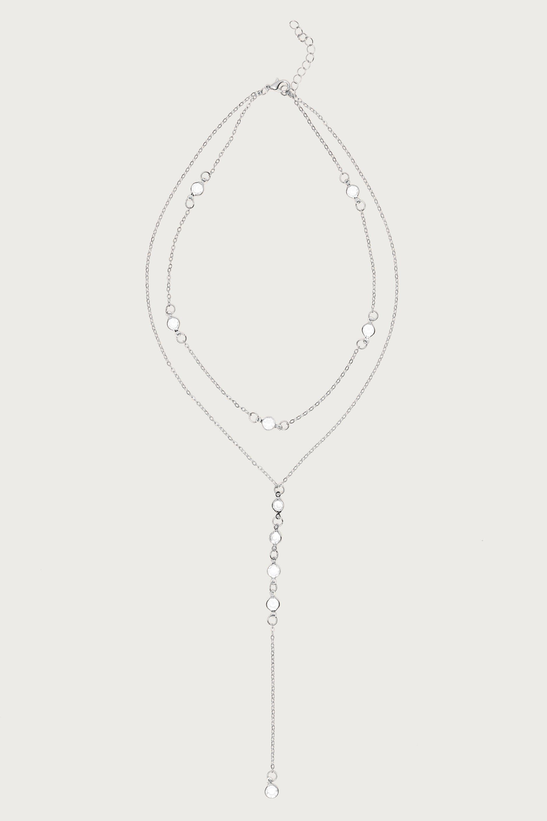 Stone Layered Cascading Necklace - Silver Tone Metal 15.7 Inch Length