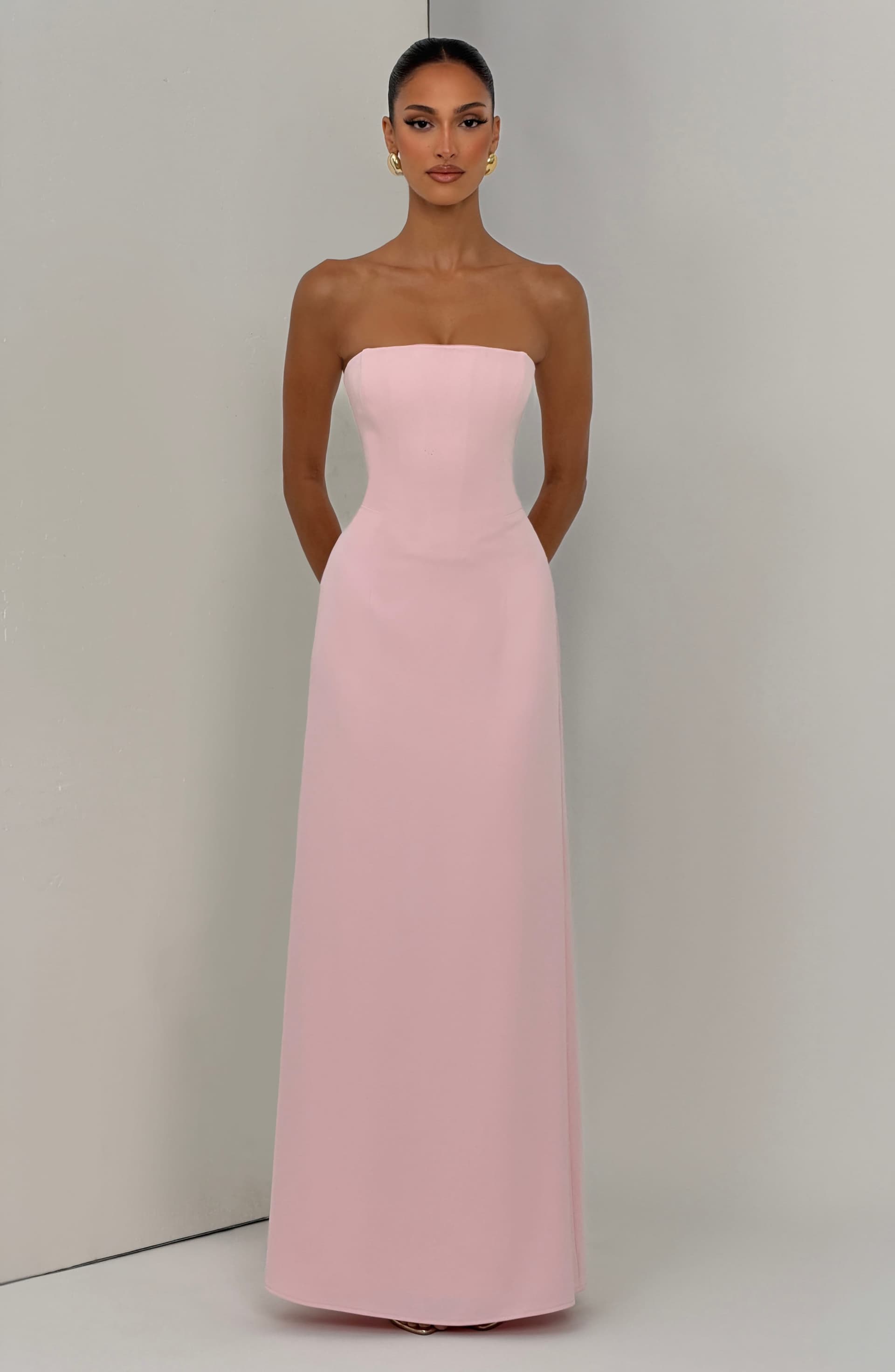 Irmina Blush Maxi Dress Strapless Draped Twill Corset Lace-Up Back