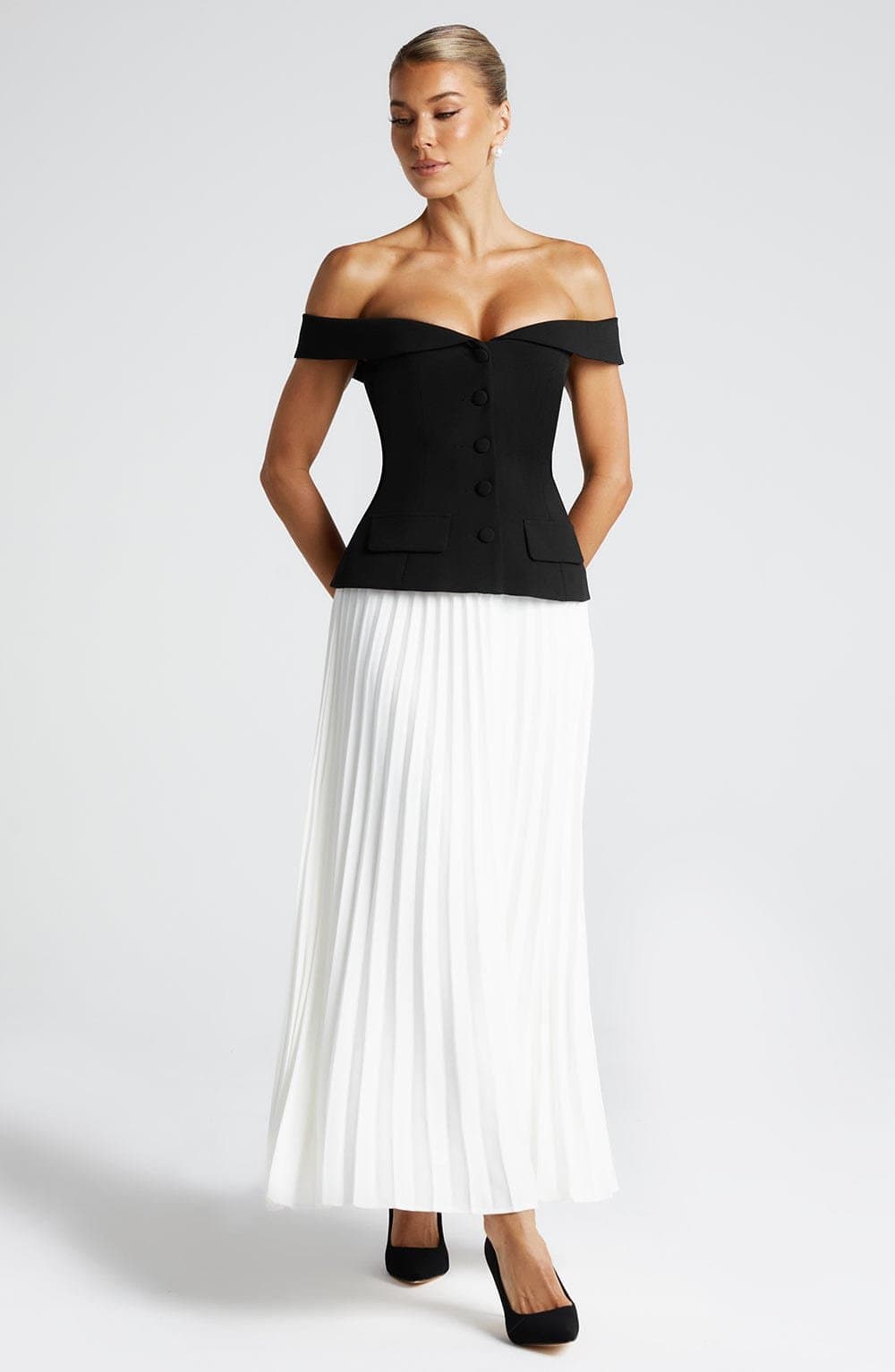 Penny Midi Skirt Ivory Non-Stretch Crepe Pleated Mid-Rise