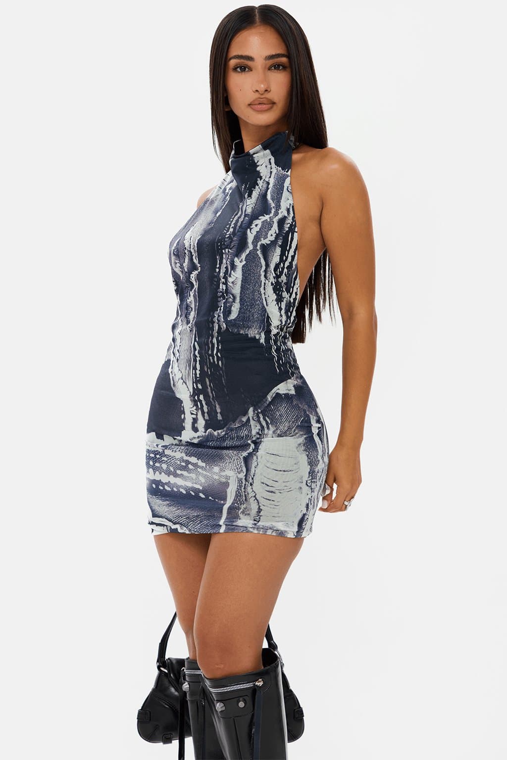 Fray Printed Mesh Halter Neck Micro Mini Dress Loose Fit Low Back