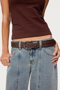 Studded Faux Leather Belt with Silver Tone Buckle 43.9 Inch Length