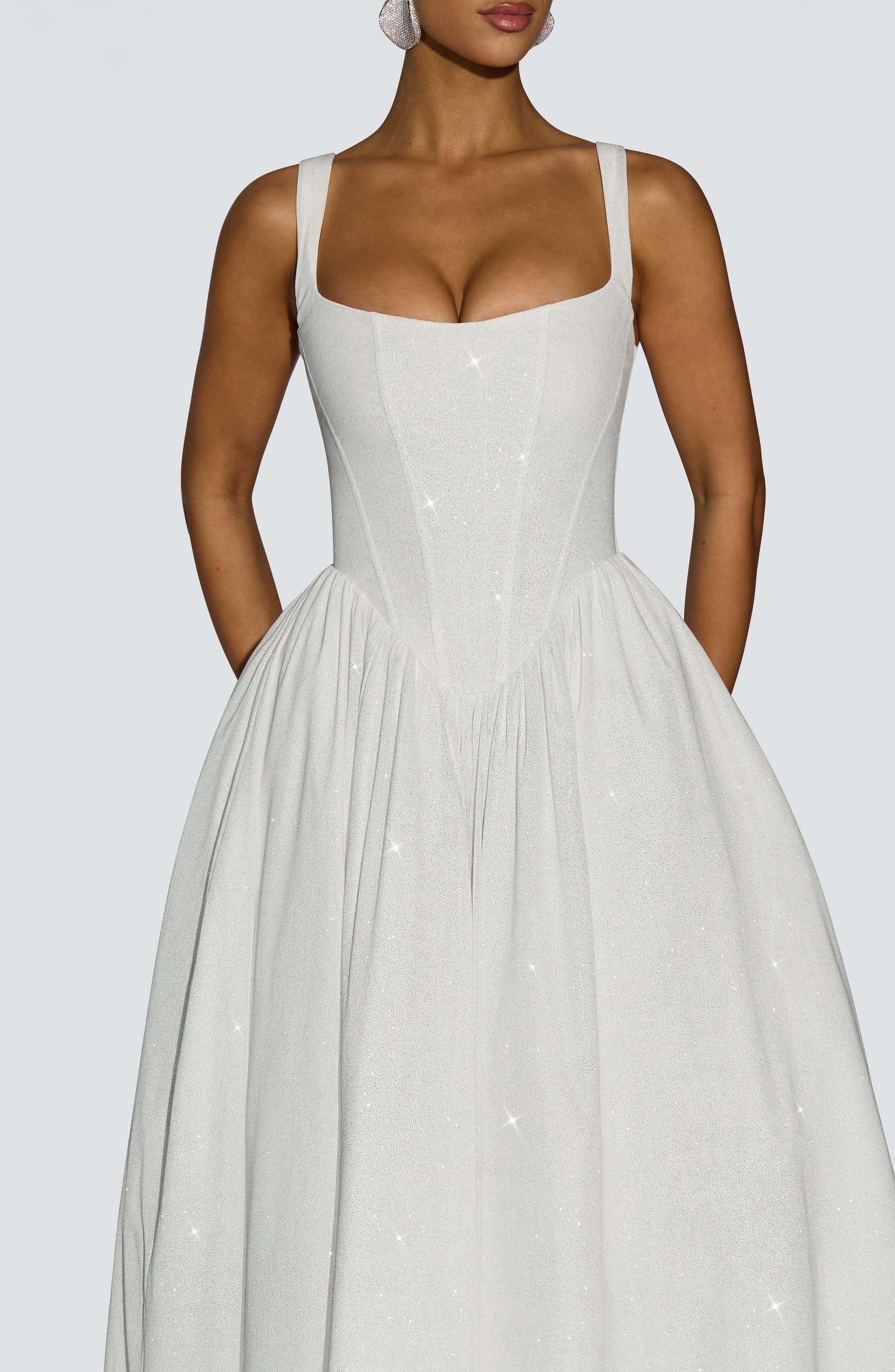 Vivienne Midi Dress Ivory Sparkle Boned Bodice Corset Waist Gathered Skirt