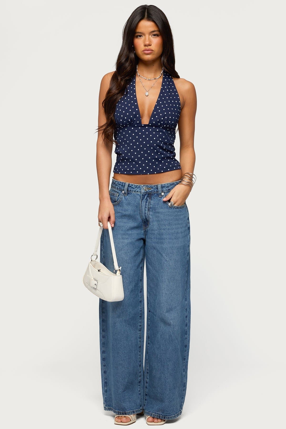 Blaire Polka Dot Halter Top - Plunging Neckline, Neck Tie Closure, Polyester Spandex