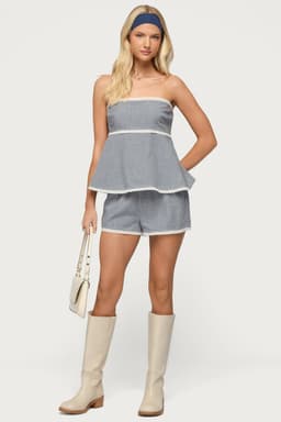 Ellie Lacey Gingham Shorts - Rayon Polyester Elastic Waistband Lace Trim