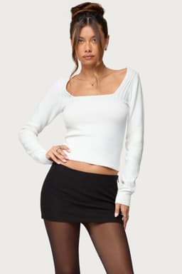 Kerry Square Neck Long Sleeve Knit Top - Polyester Rayon Spandex Ribbed