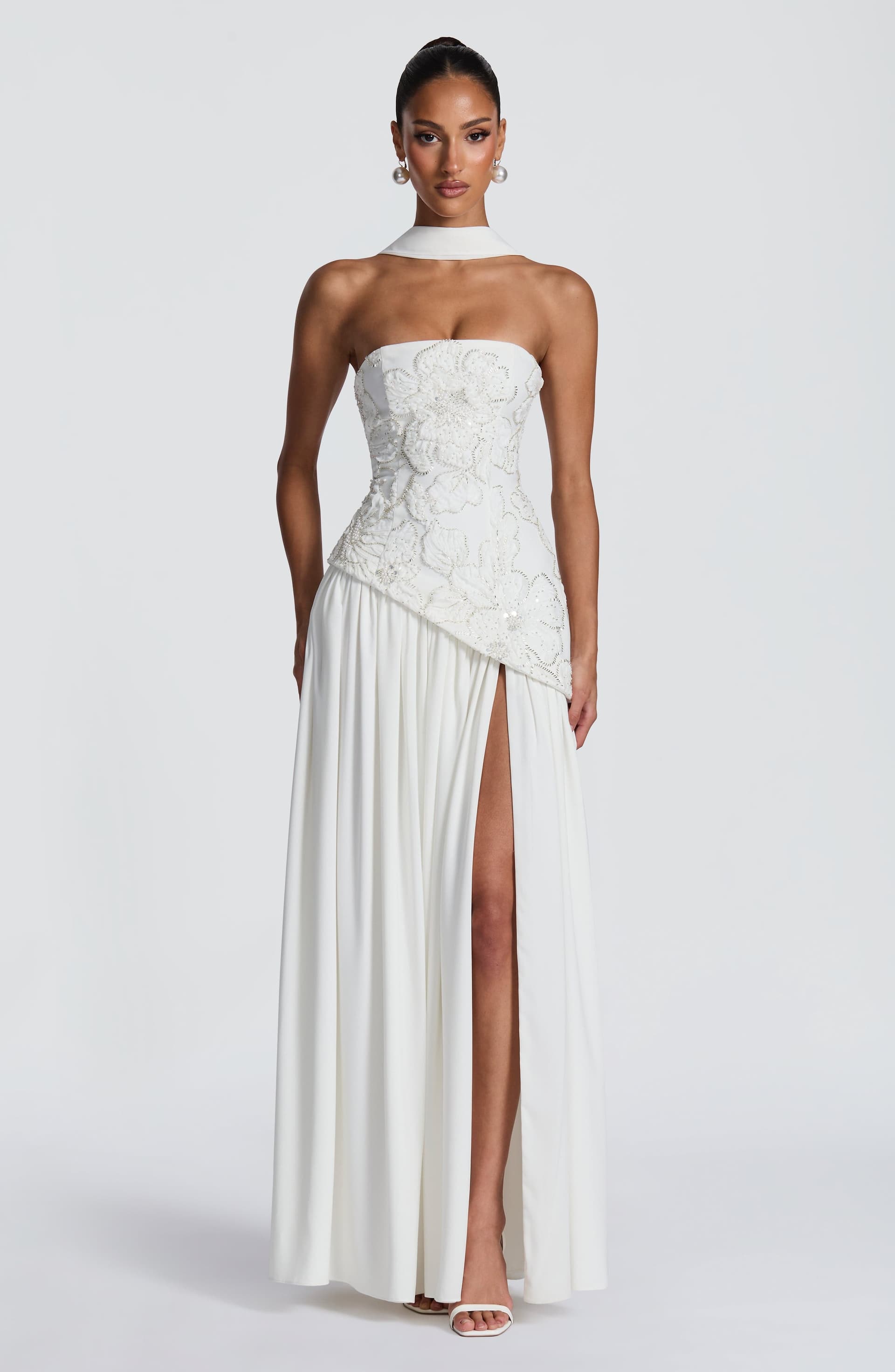 Anneliese Maxi Dress in Ivory Crepe Bodice Chiffon Skirt with Embellishments