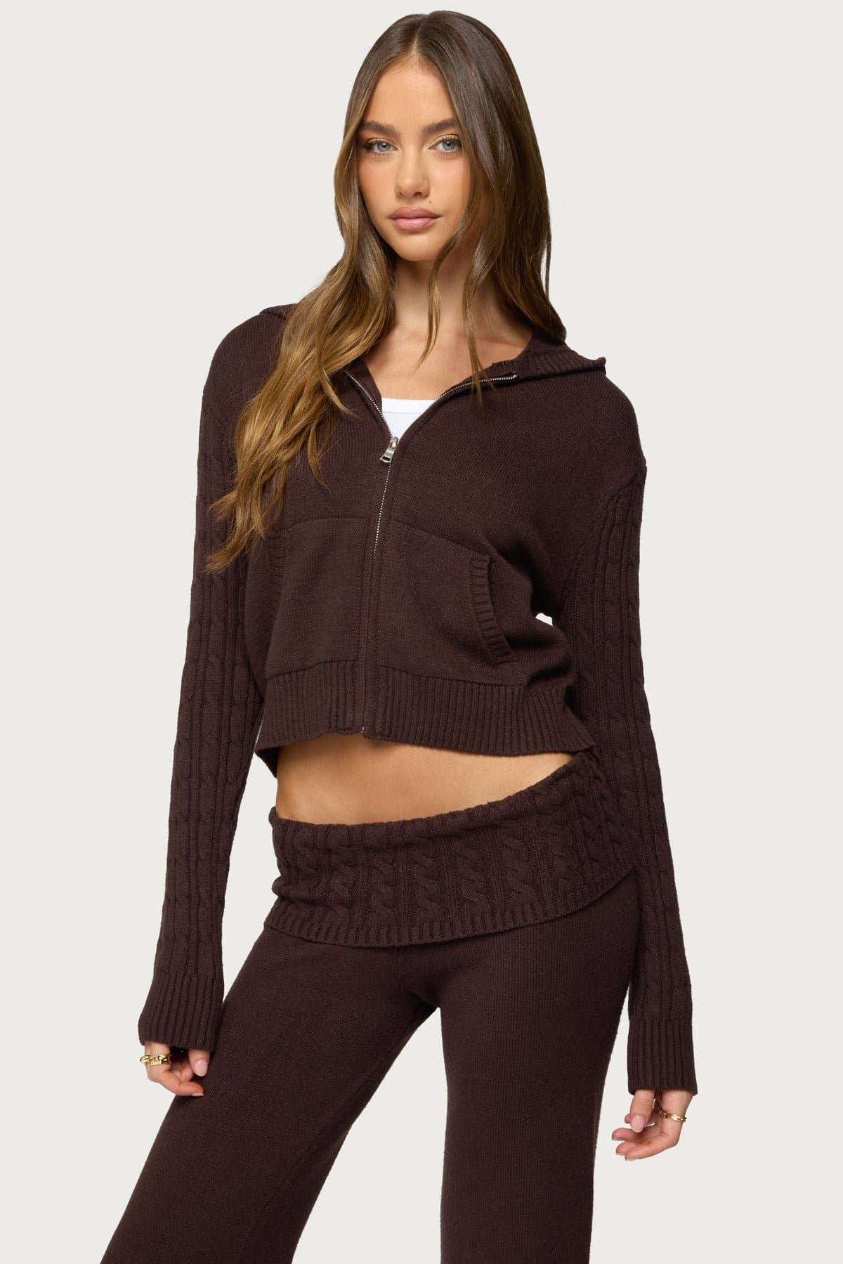 Lula Cable Knit Zip Up Hoodie - Rayon Nylon Polyester Knit Fabric