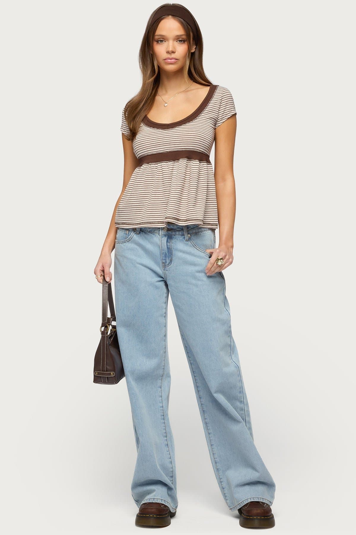 Sady Contrast Striped Babydoll Top - Cotton Spandex Women's Blouse Size S