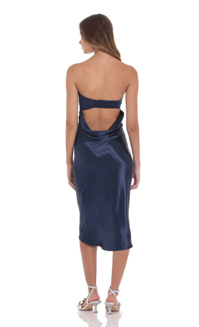 Strapless Satin Open Back Midi Dress in Navy