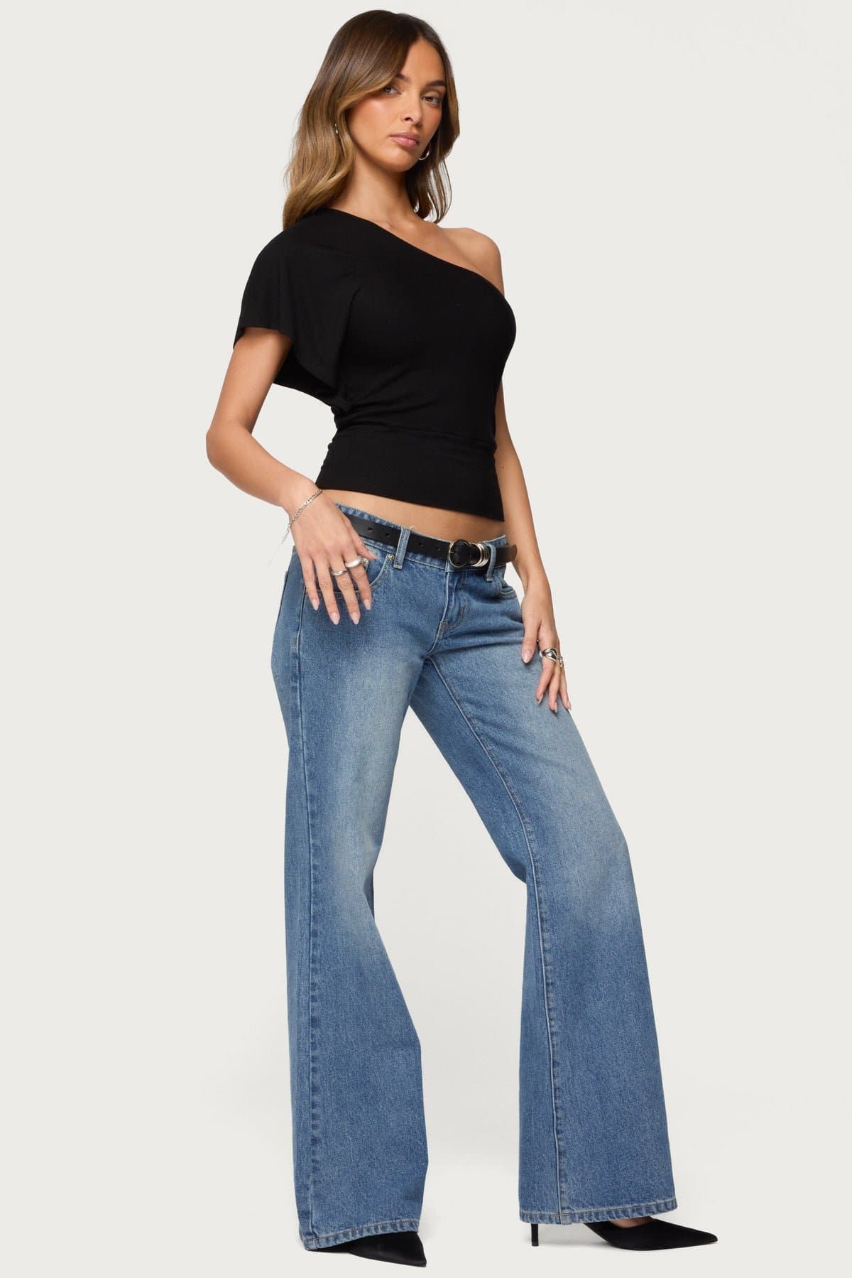 Asymmetric One Shoulder Top - Rayon Spandex Short Sleeve Fitted Hem