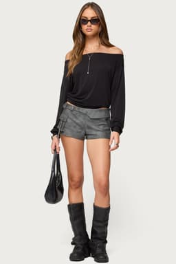 Houston Faux Leather Cargo Shorts - Polyurethane Rayon, Side Zip Closure, 1.8" Inseam Size S