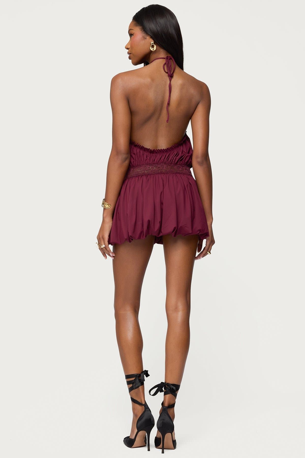 Aida Backless Bubble Mini Dress - Halter Neck, Sheer Lace Waistband, Nylon Spandex