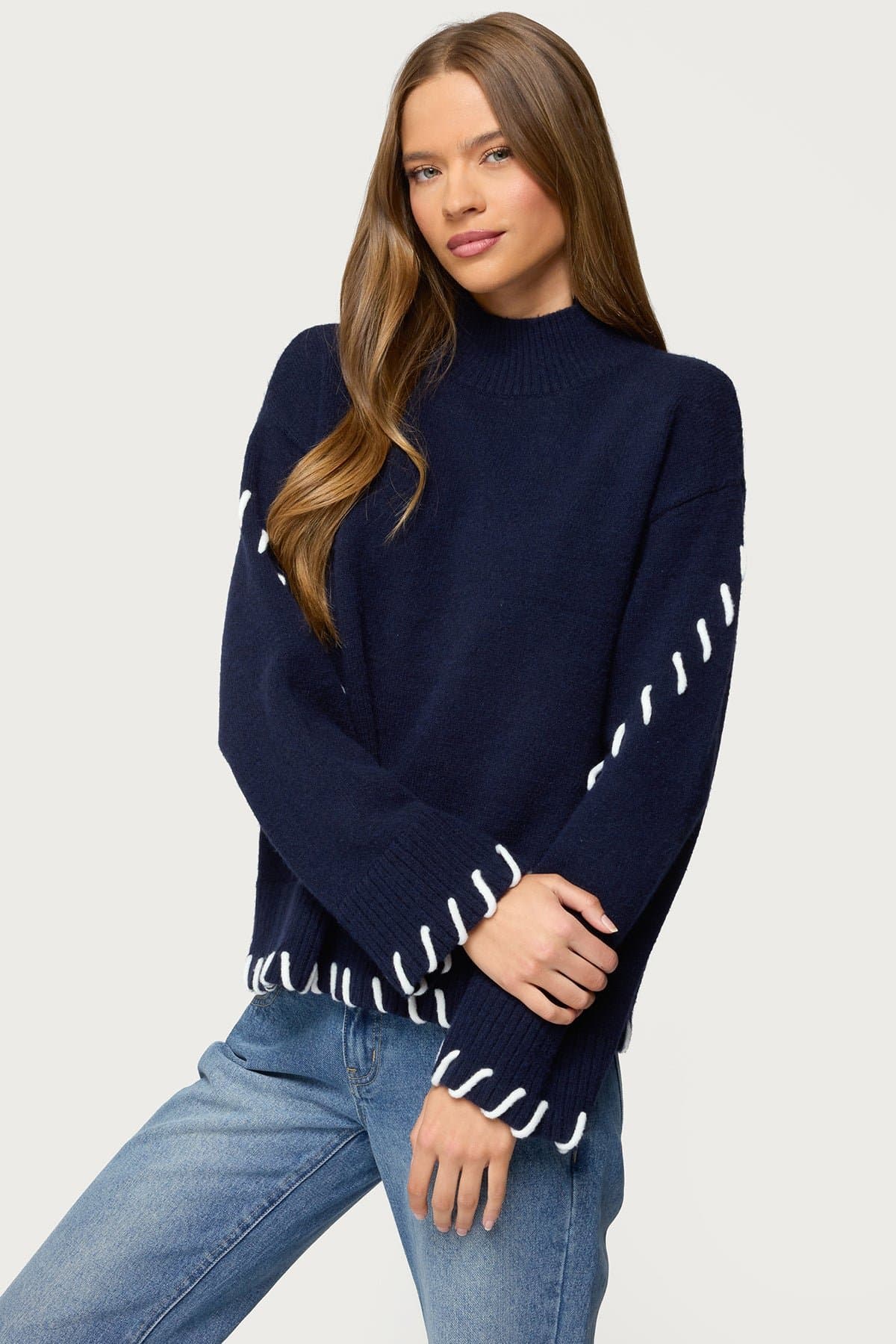 Indah Contrast Stitch Oversized Turtle Neck Acrylic Knit Sweater