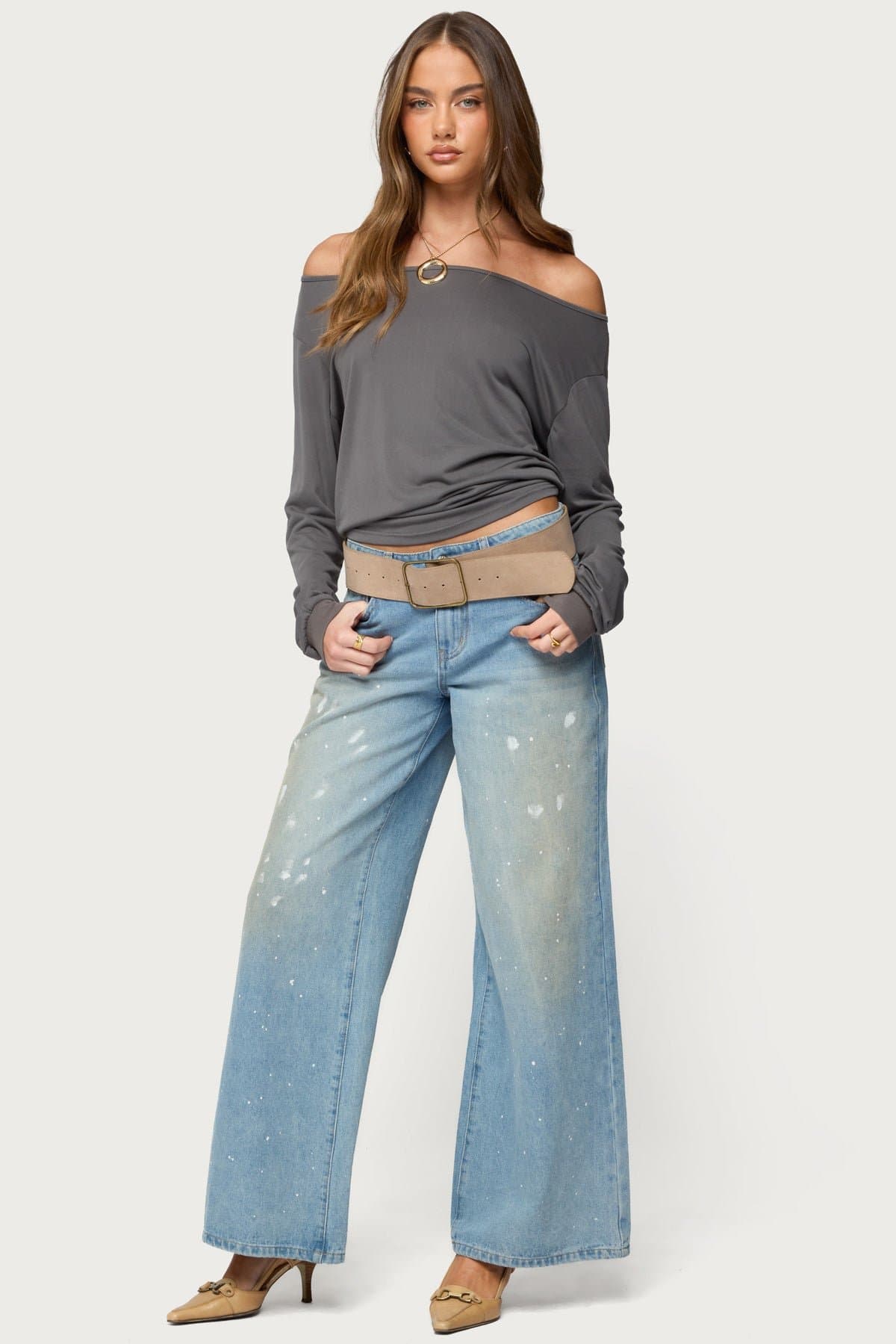 Nannie Off Shoulder Oversized Long Sleeve Top - Rayon Nylon Spandex