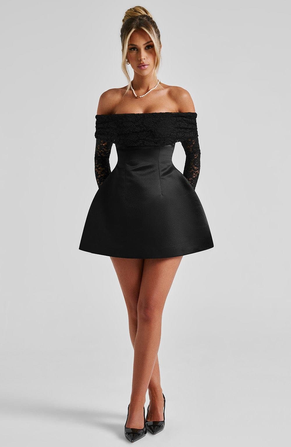 Georgianna Mini Dress in Black - Satin with Lace Sleeves, Bardot Neckline