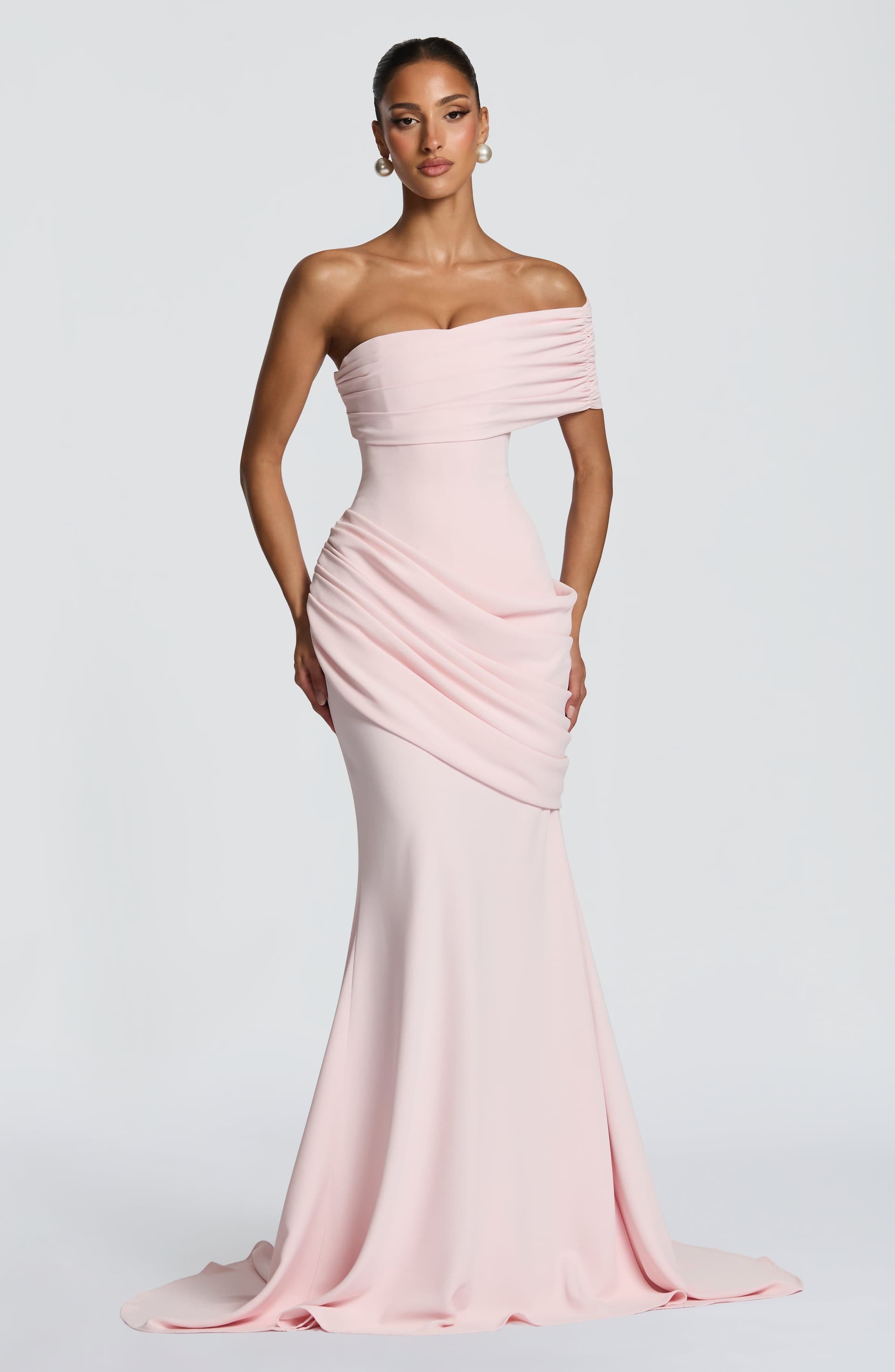 Kasia Blush Gown - Asymmetric One-Shoulder Corset Bodice Crepe Maxi Dress with Train