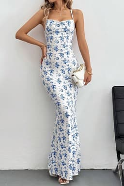 Cami Sweet Open Back Floral Maxi Dress - Sleeveless High Waist Polyester Spandex