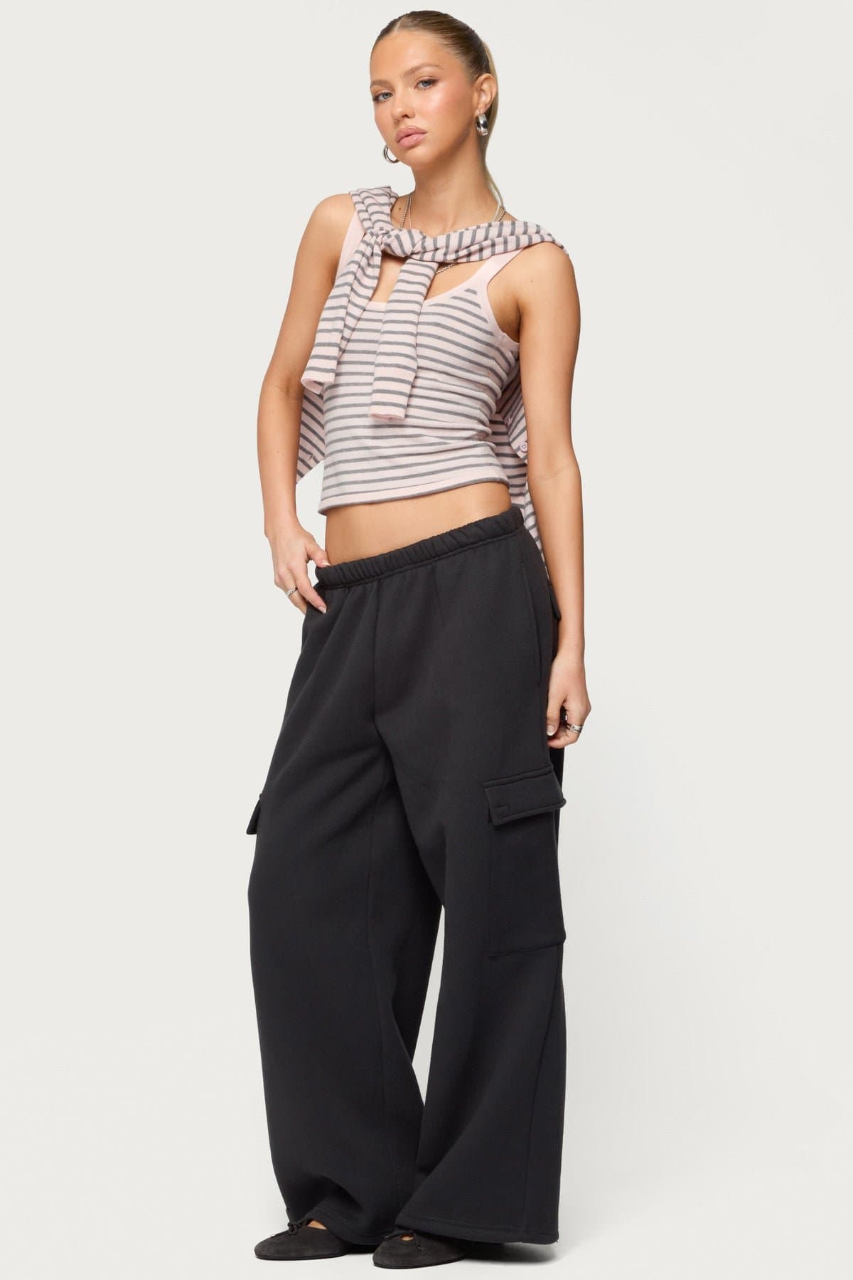 Petite Wide Leg Cargo Sweatpants 100% Cotton