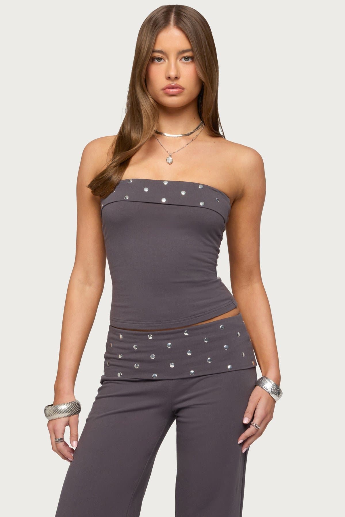Breanna Studded Foldover Tube Top - Cotton Polyester Spandex