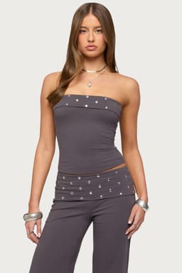 Breanna Studded Foldover Tube Top - Cotton Polyester Spandex