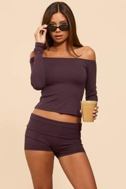Tezia Off Shoulder Long Sleeve Fitted Top - Polyester Spandex