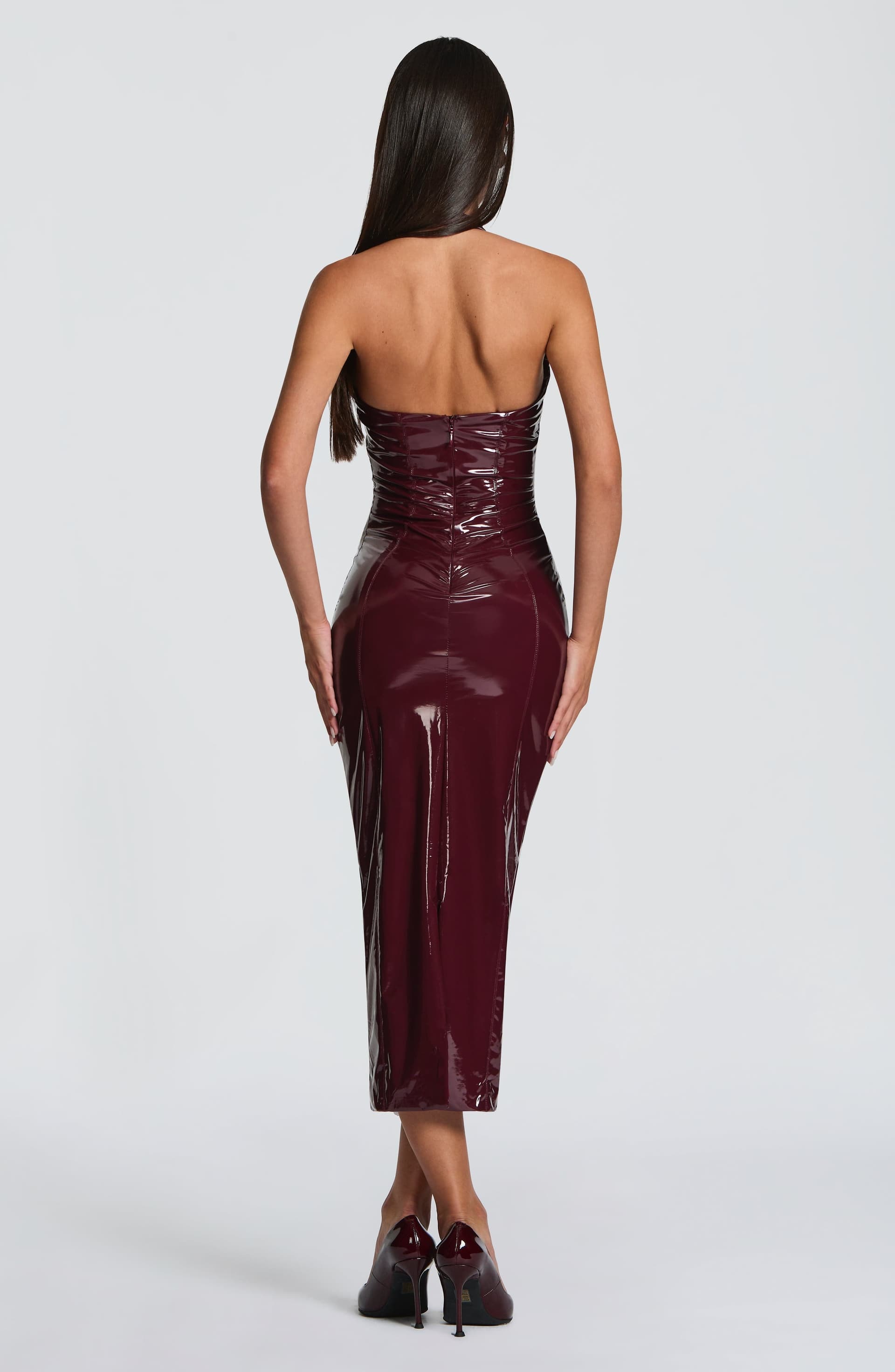 Violette Midi Dress in Cherry Lacquer - Premium Vinyl Stretch Plunge Halter