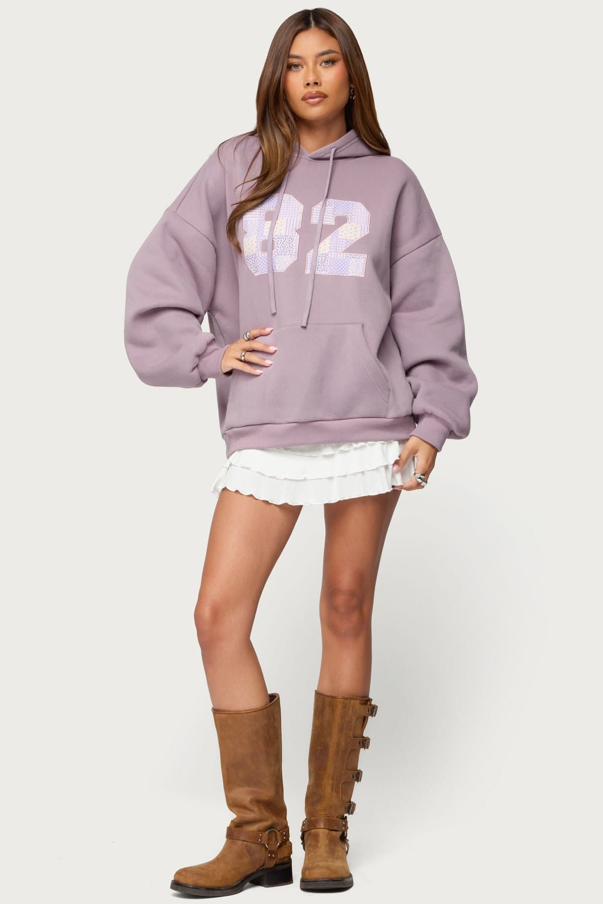 82 Oversized Hoodie with Mixed Print Detailing and Graphic Patch Polyester Cotton