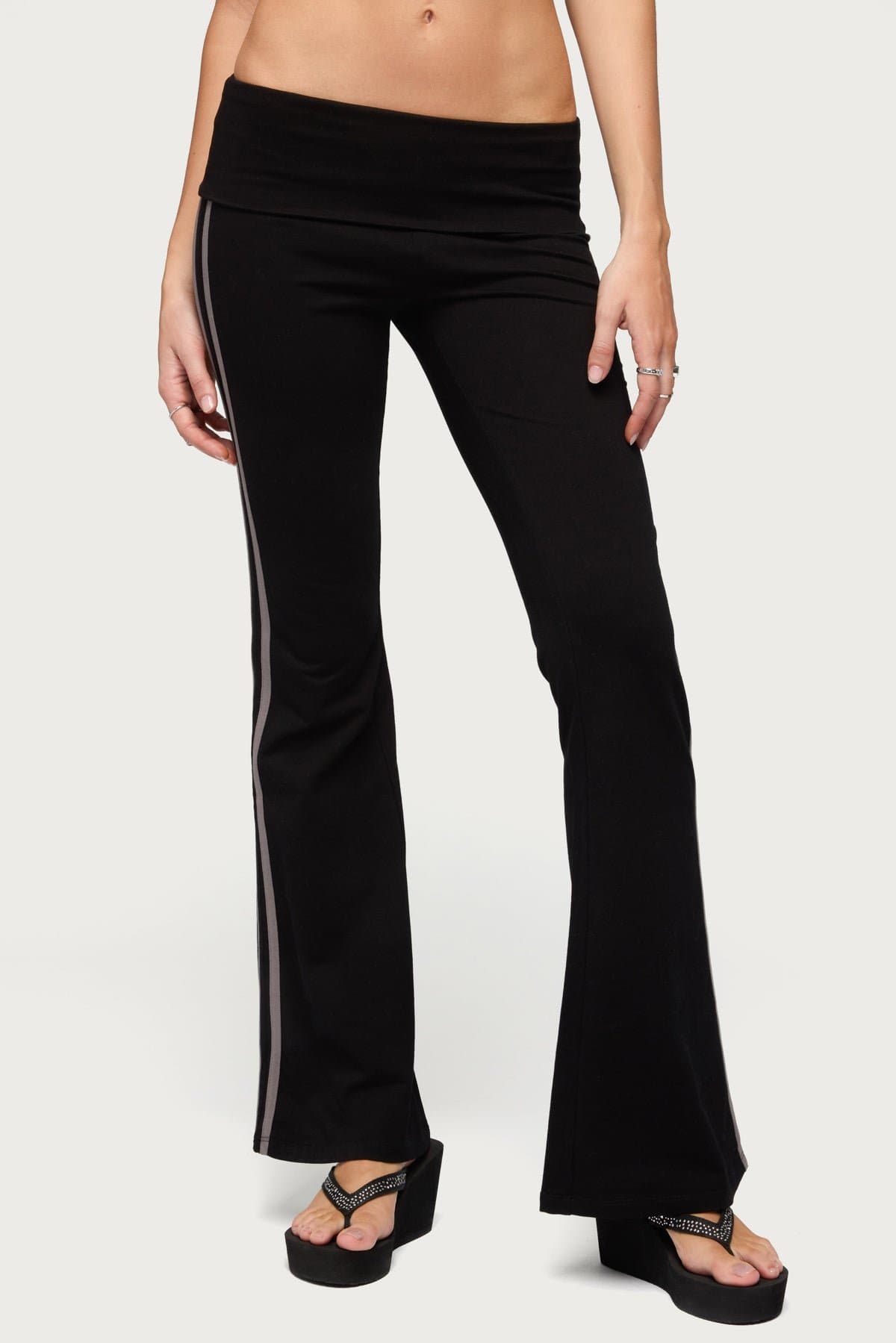 Charly Foldover Stripey Flared Pants - Cotton Spandex, Contrast Stripes, Size S Inseam 33.1in