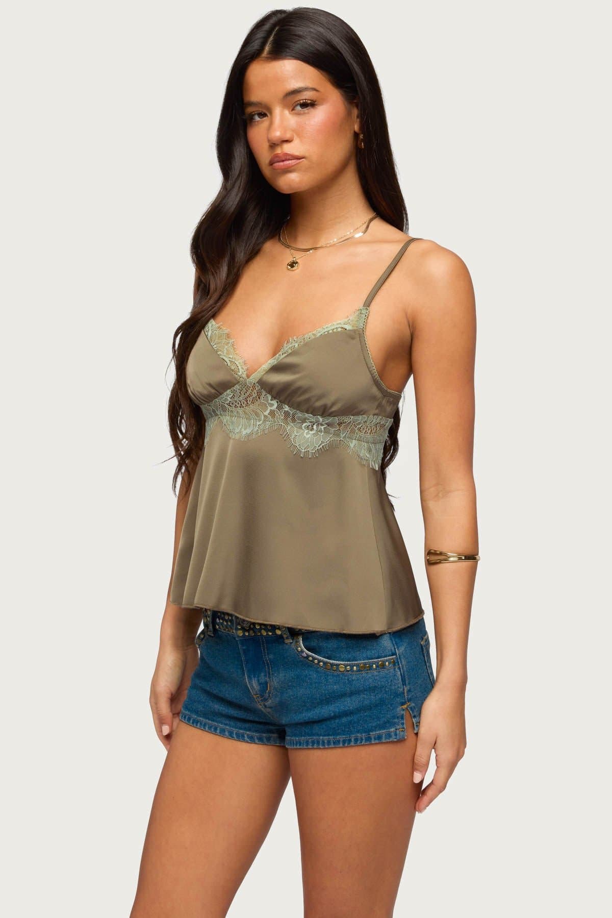 Satin Effect Lacey Babydoll Top with Adjustable Straps and Lace Detailing