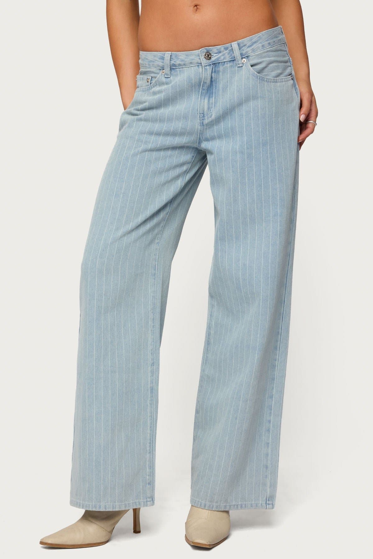 Pinstripe Low Rise Baggy Jeans - 100% Cotton Rigid Denim