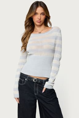 Cornella Boat Neck Striped Knit Top - Long Sleeve Cotton Polyester Ribbed Waist