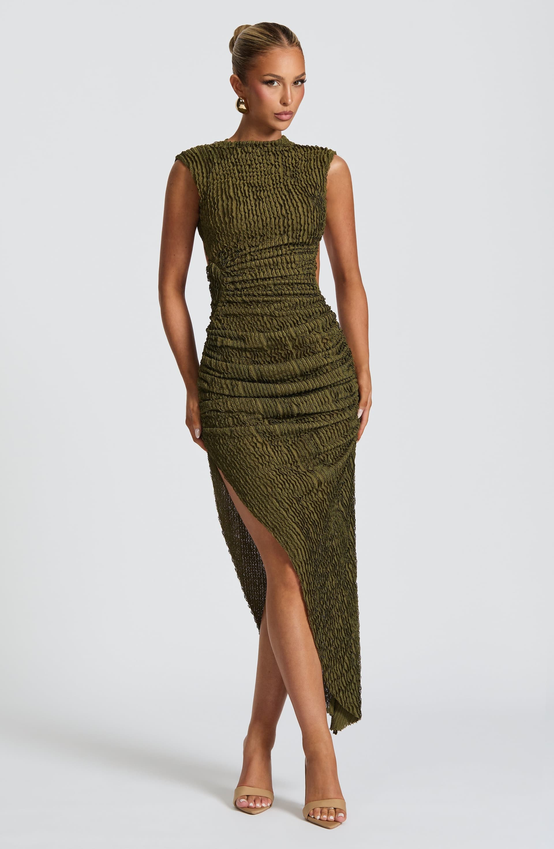 Aphrodite Midi Dress Khaki Olive Textured Fabric High Neck Low Back Cutouts