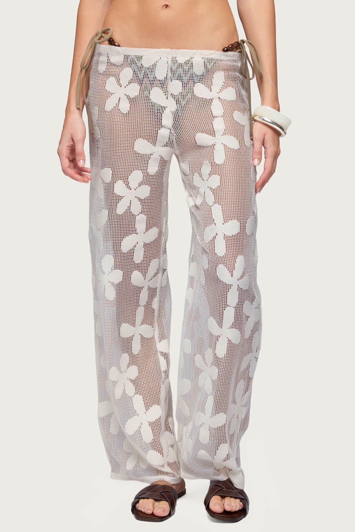Candace Floral Textured Sheer Pants - Polyester Cotton Elastic Waistband Size S Inseam 30.5in