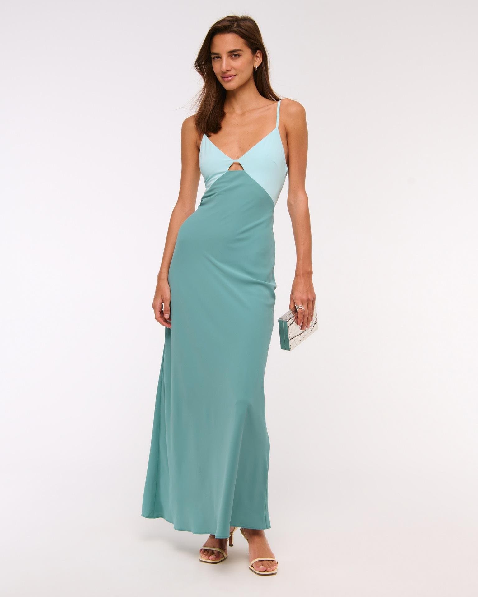 Teal Two Tone Satin Maxi Dress – V Neck Cutout Open Back Spaghetti Strap Evening Gown S-XL