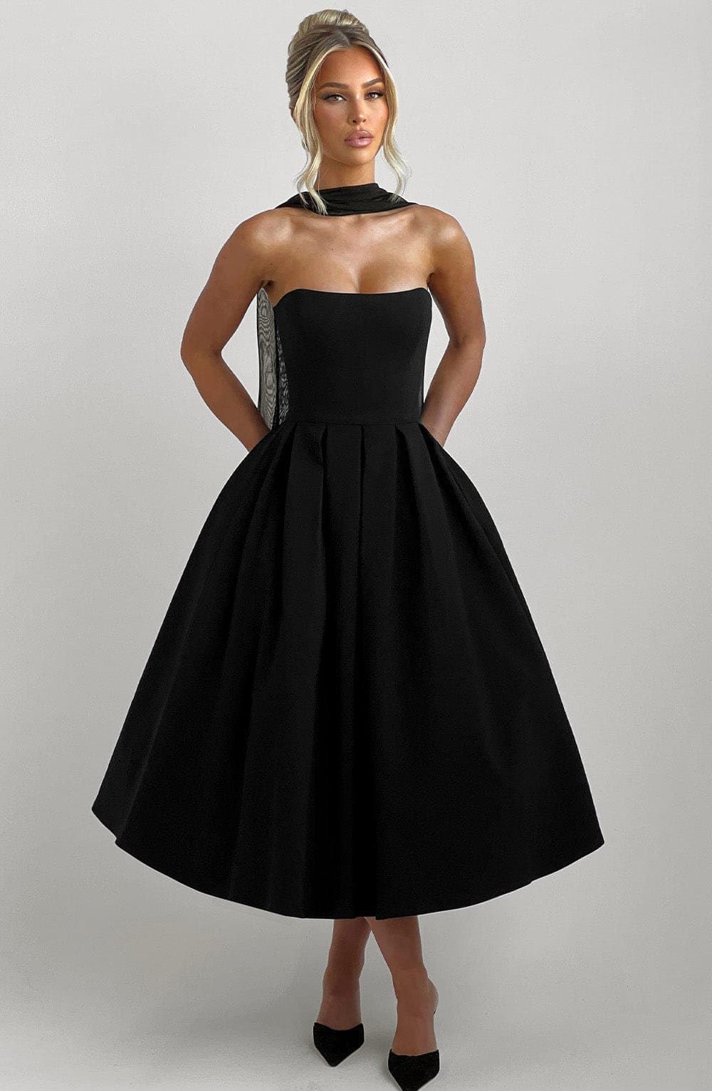 Edith Midi Dress in Black - Strapless Pleated Full Skirt Fully Lined