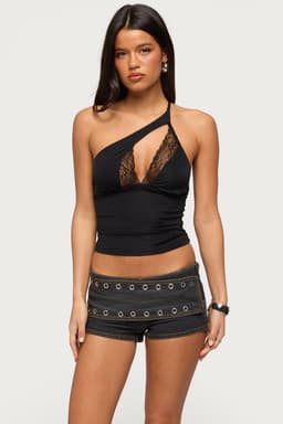 One Shoulder Peekaboo Lace Cutout Top - Adjustable Strap Nylon Spandex