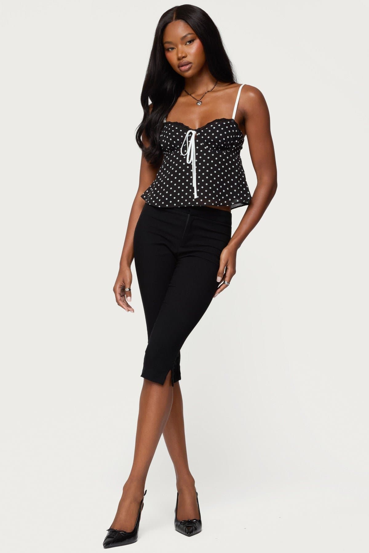 Contrast Polka Dot Cupped Chiffon Bra Top with Adjustable Straps