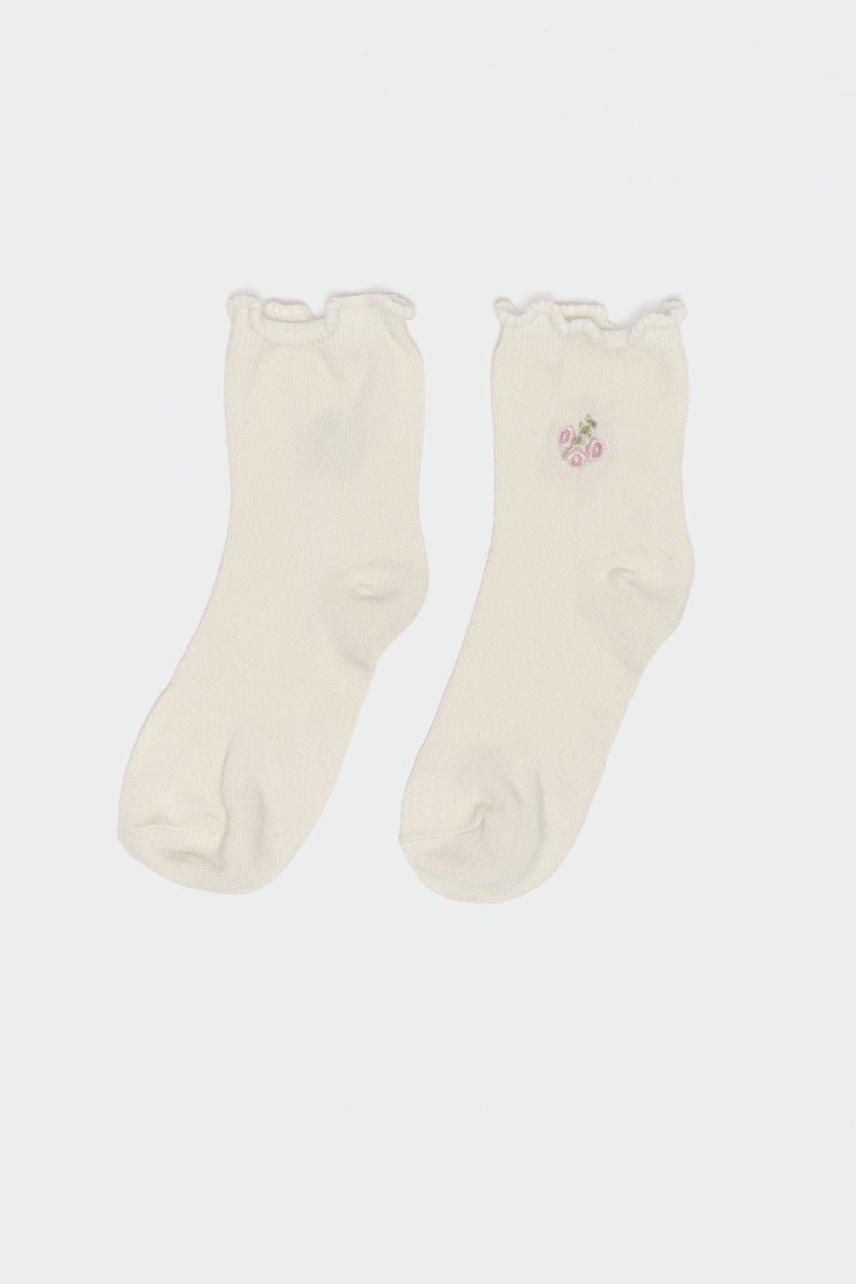 Petal Princess Socks - Floral Design Frill Hem Cotton Spandex Women's Ankle Socks 9.8in Length